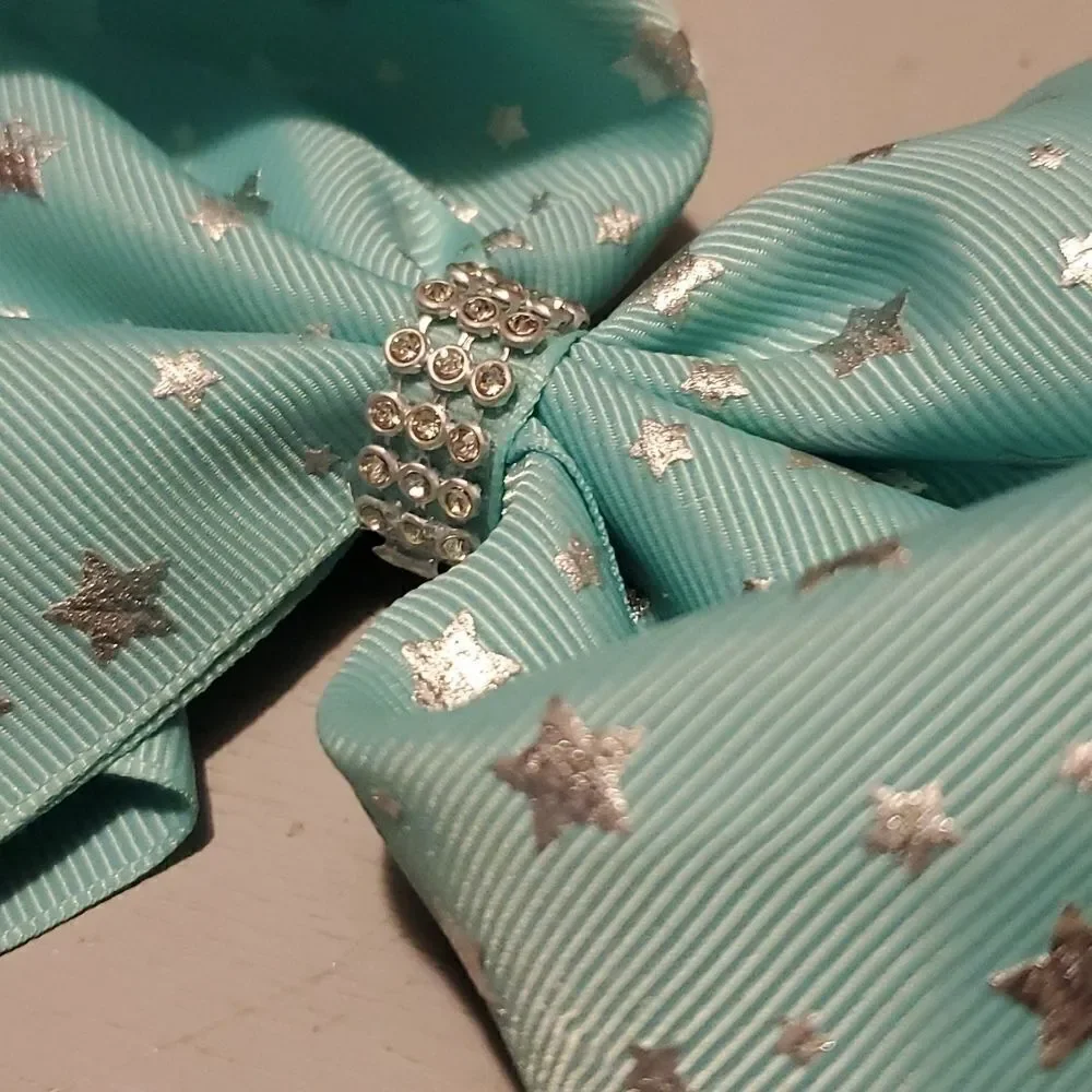 GIRLS Light Teal and Silver Stars Hair Bow